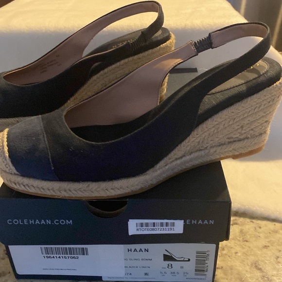 Women Wedge Heels Slings 8 B COLE HAAN Navy Blue Suede Tip!! - Picture 6 of 6